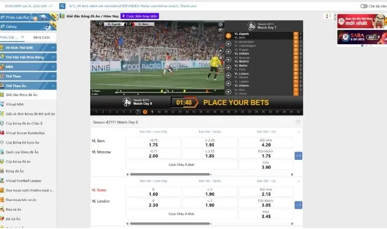 Giao diện cá cược Thể Thao Ảo 89Bet hiện đại