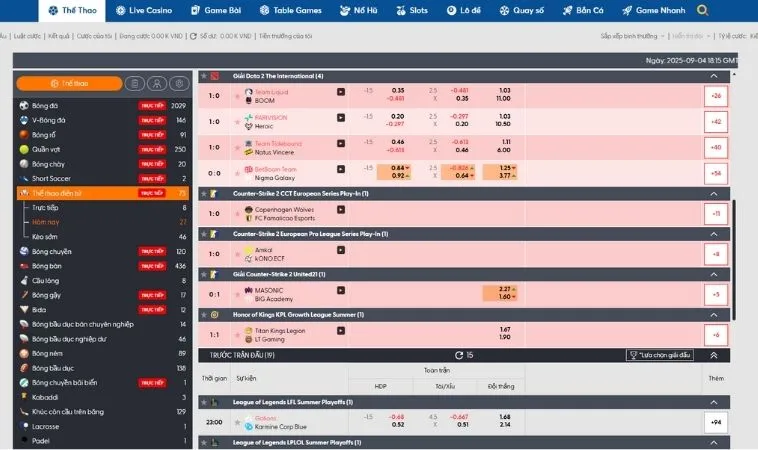 Bảng kèo cá cược Thể Thao Điện Tử Tại 89Bet