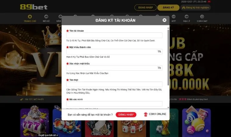 Biểu mẫu đăng ký 89Bet