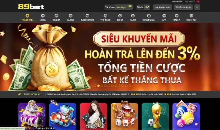 Giao diện trang chủ nhà cái 89BET