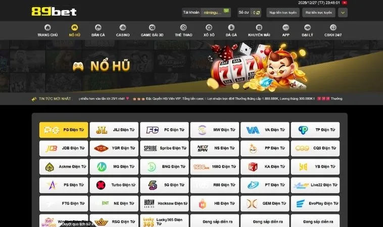 Đa dạng các nhà cung cấp game nổ hũ chất lượng tại 89BET